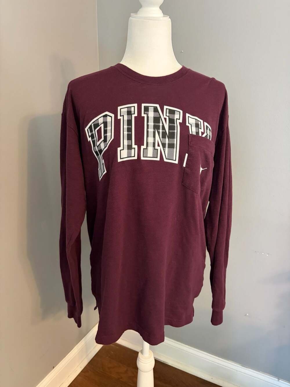 PINK Victoria's Secret Burgundy Long Sleeve Pocket T-Shirt with Buffalo Plaid Lo